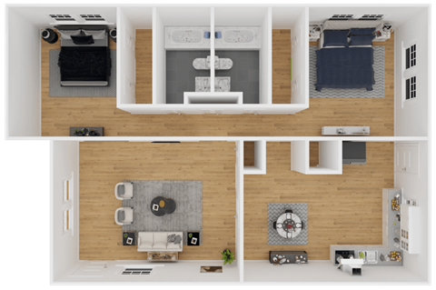 Floor plan for 2 beds, 2 baths, 875 sqft
